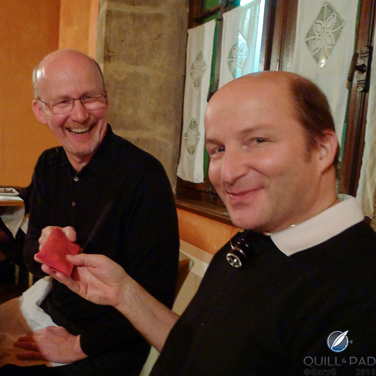 Kari Voutilainen presents the author with his Masterpiece II Chronograph