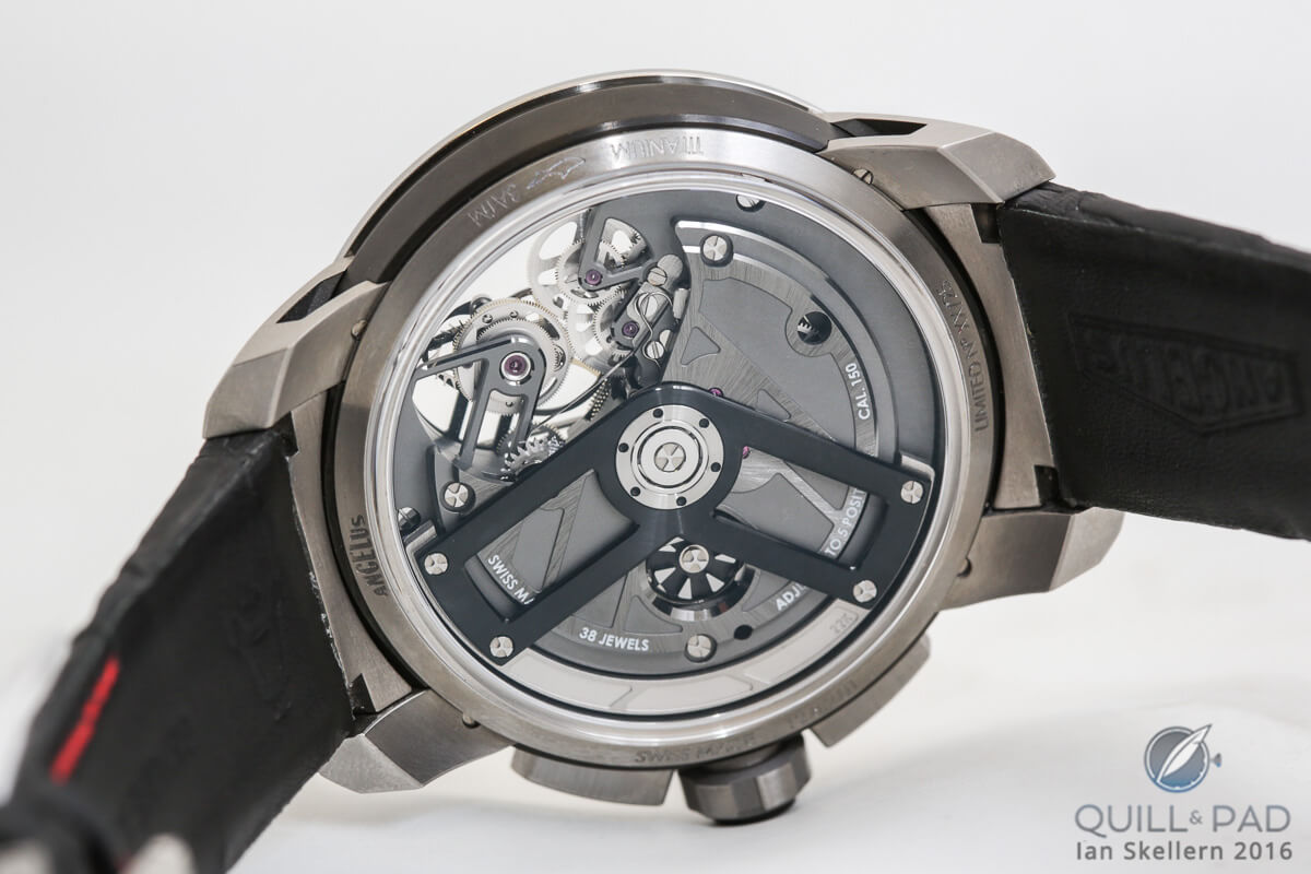 View through the display back of the Angelus U30 Tourbillon Rattrapante