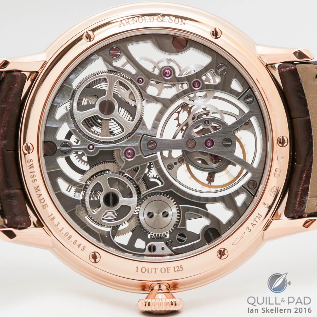View through the display back of the Arnold & Son UTTE Skeleton