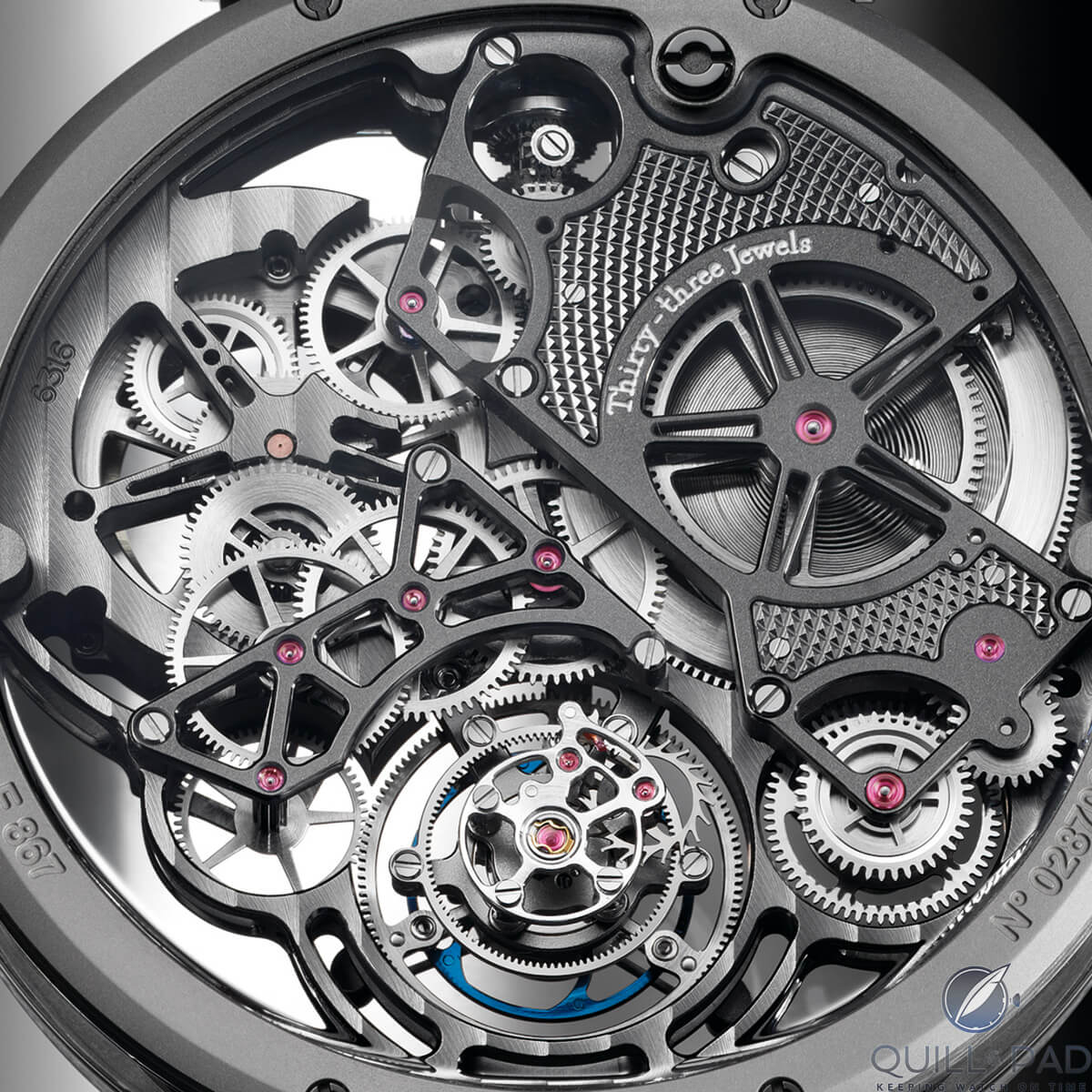 View through the Bovet OttantaSei by Pininfarina's display back to the clous de Paris decoration on the spring barrel bridge