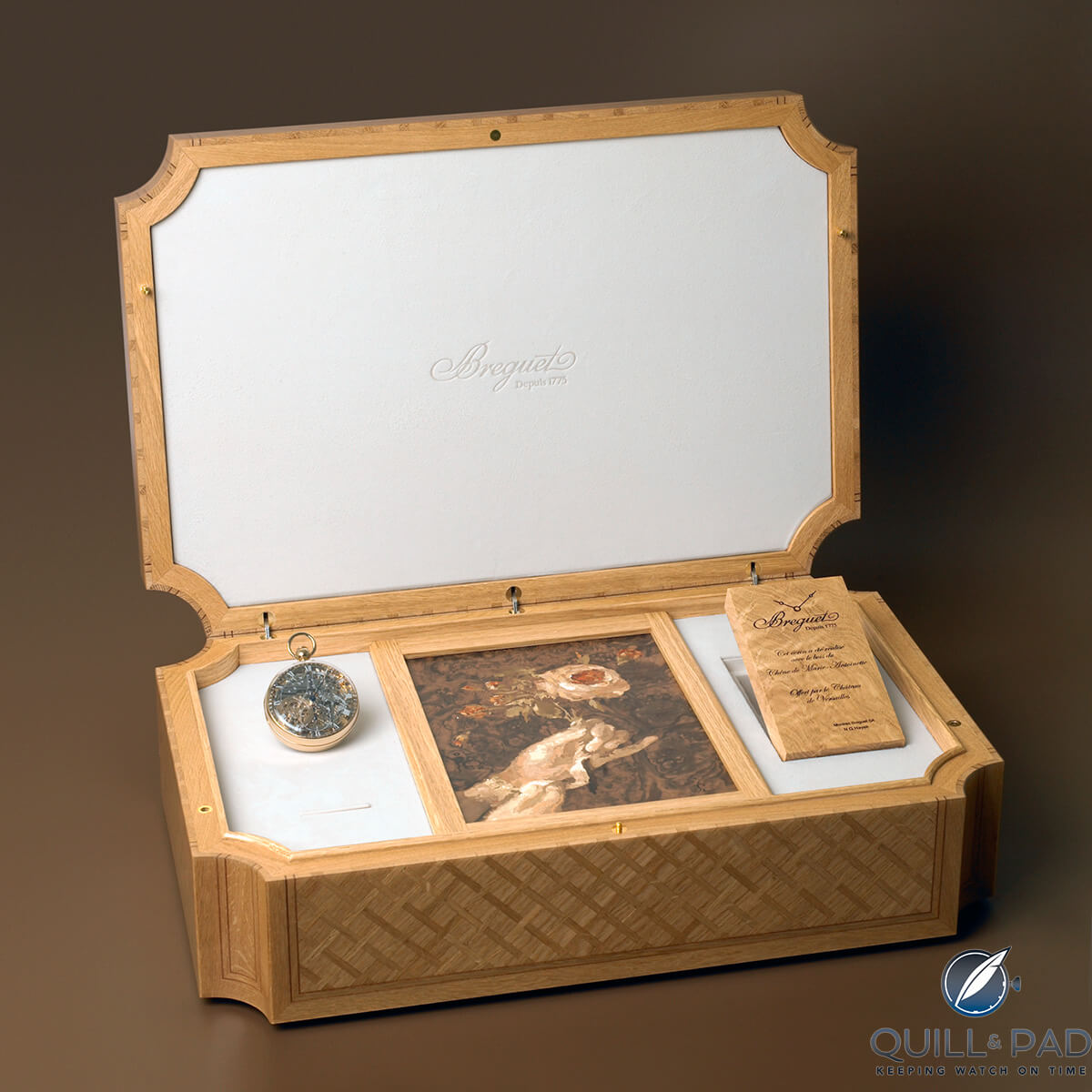 The presentation case for the Breguet Grande Complication No. 1160 made from the timber of Marie Antoinette's favorite oak tree