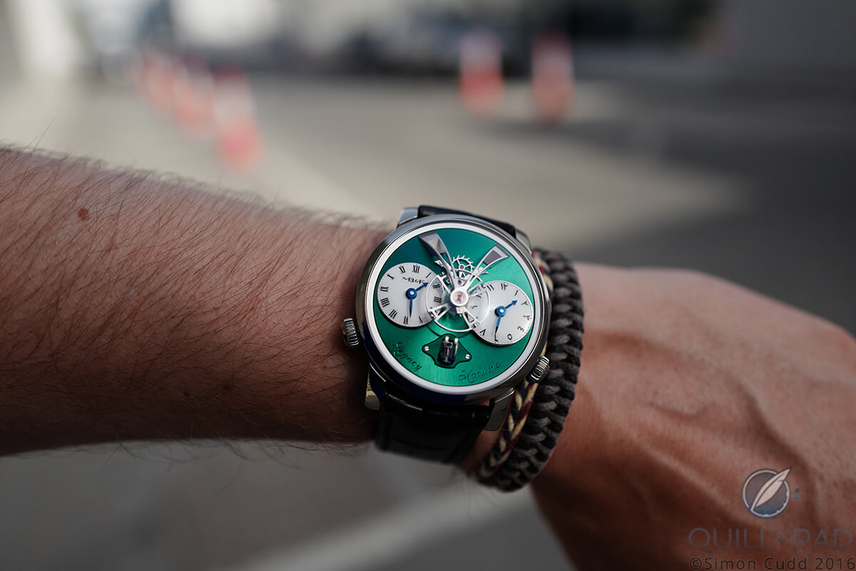A wristshot of the MB&F LM1 M.A.D. Dubai at the MB&F M.A.D.Gallery Dubai