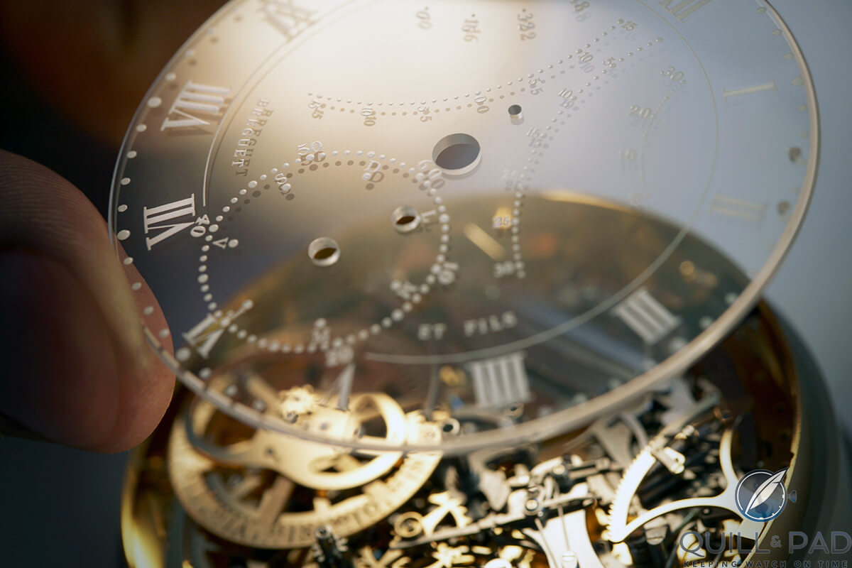A rock crystal dial is placed over the movement of the Breguet Grande Complication No. 1160