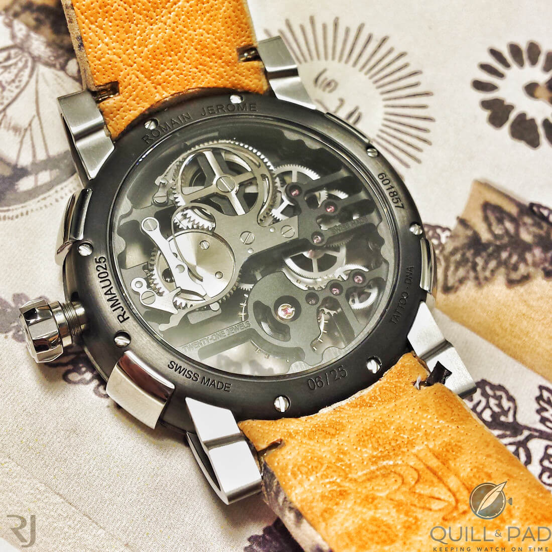 View through the display back of the Romain Jerome Tattoo-DNA by Xoil