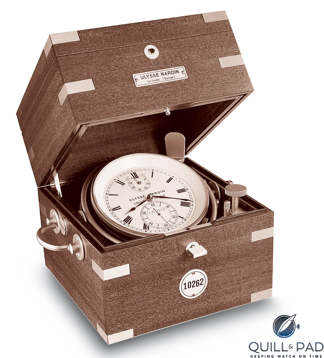 A gimbaled Ulysse Nardin marine chronometer with classic layout of indications on dial