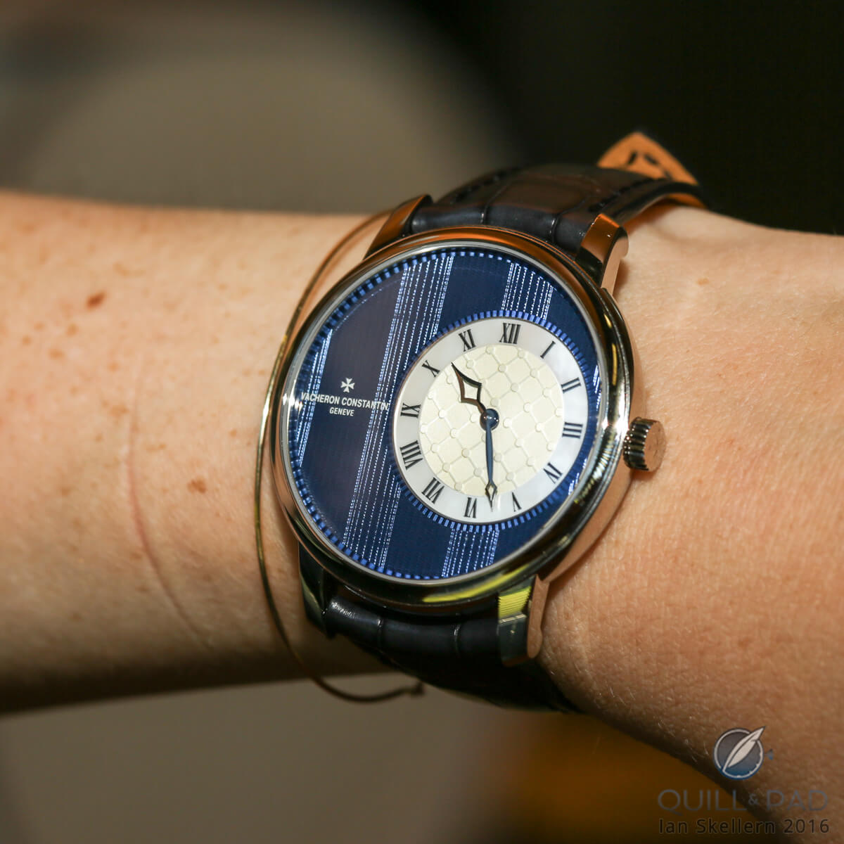 Vacheron Constantin Métiers d’Art Elegance Sartoriale with tartan pattern on the wrist