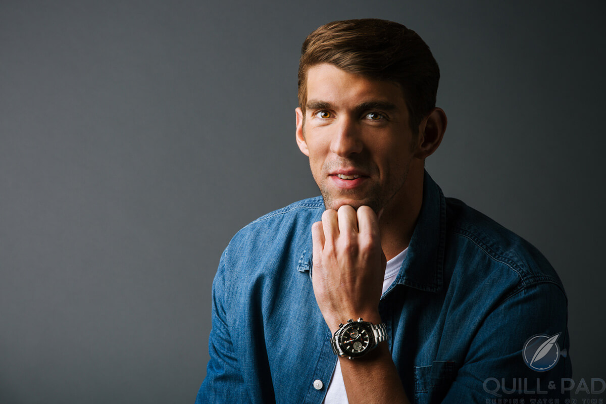 Michael Phelps wearing his stainless steel Omega Seamaster Planet Ocean 600 M