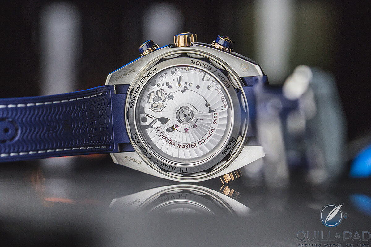The back of Michael Phelps’s personal Omega Seamaster Planet Ocean 600M Master Chronometer Chronograph as photographed in Rio de Janeiro during the 2016 Olympic Games: note the special engraving