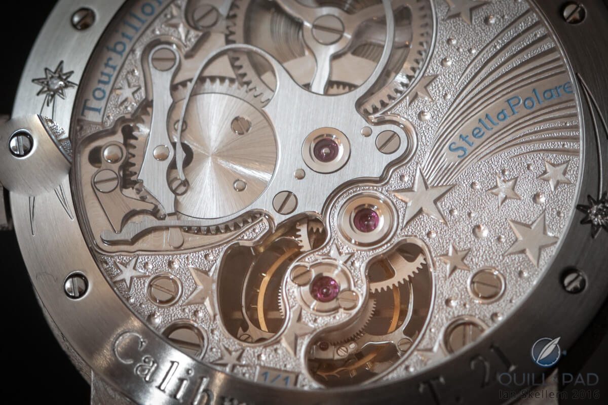 Close up look at the back of the Antoine Preziuso Stella Polare Tourbillon Muonionalusta