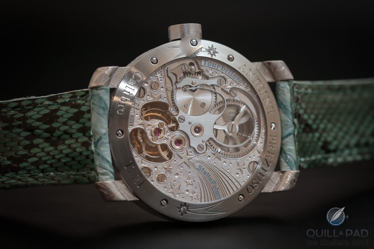 View through the display back of the Antoine Preziuso Stella Polare Tourbillon Muonionalusta