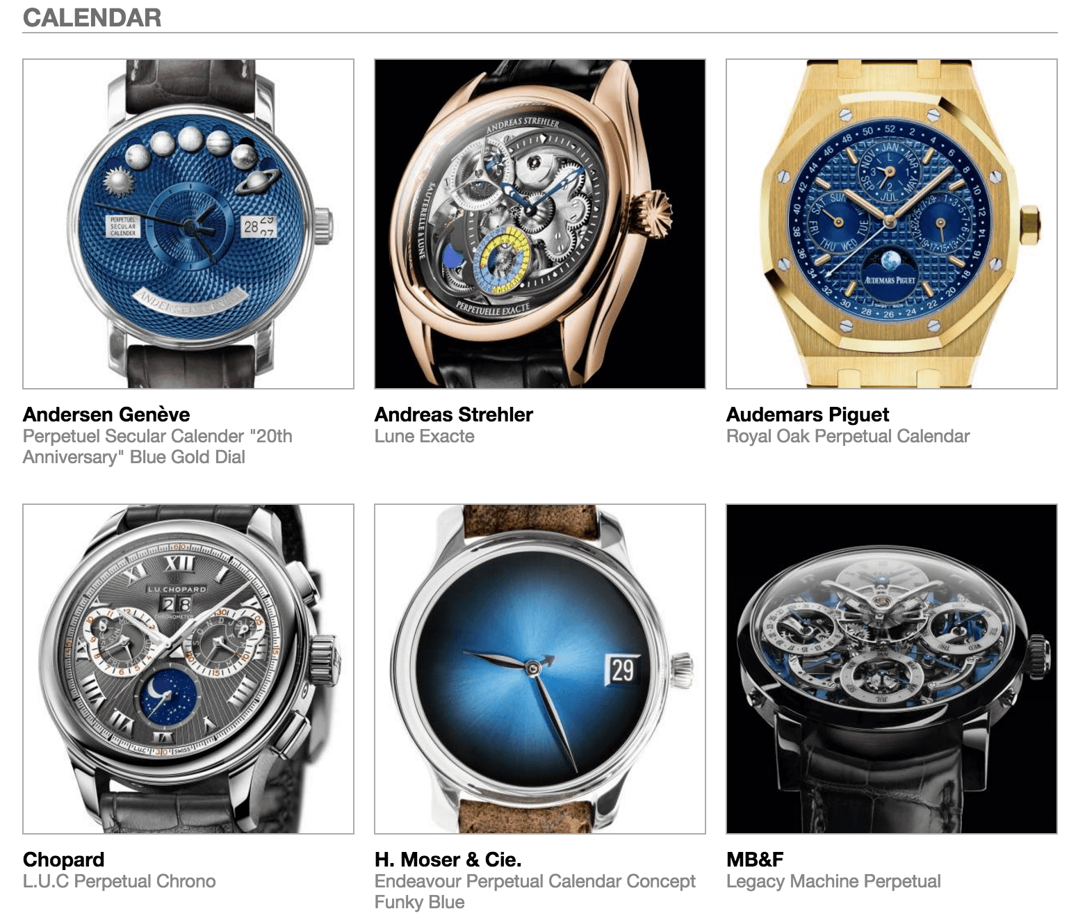 Pre-selected Calendar watches in the 2016 GPHG