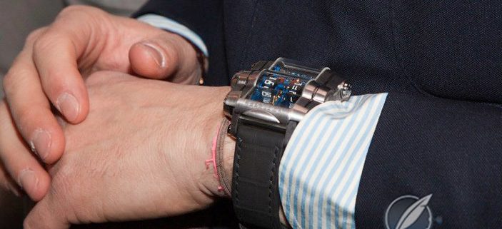 Rebellion T-1000 on the wrist of case designer Eric Giroud, who was handing it here for the first time