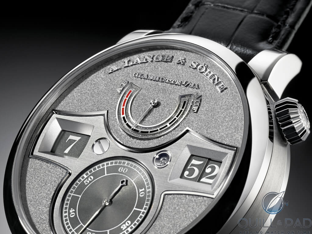Tremblage engraving on the white-gold dial of the A. Lange & Söhne Zeitwerk Handwerkskunst