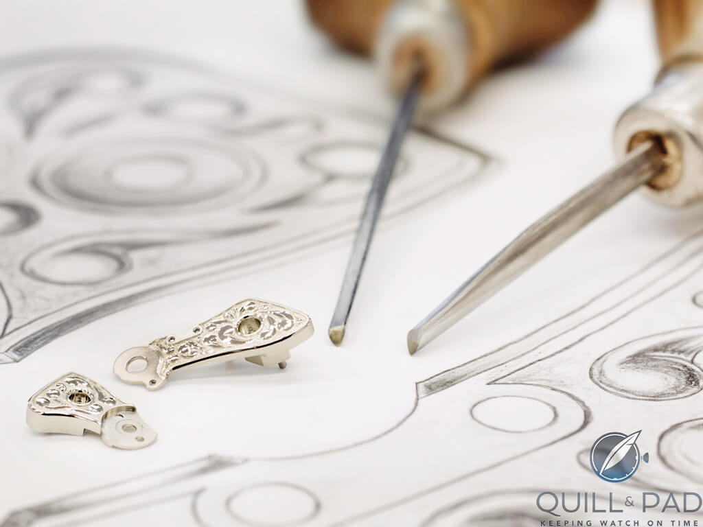 To ensure consistency, the balance cock and the escape lever cock of the A. Lange & Söhne Zeitwerk are hand-engraved by the same person