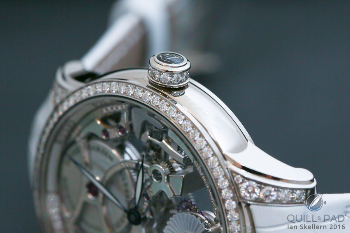 The Ulysse Nardin Skeleton Tourbillon Pearl’s lusciously diamond-set crown