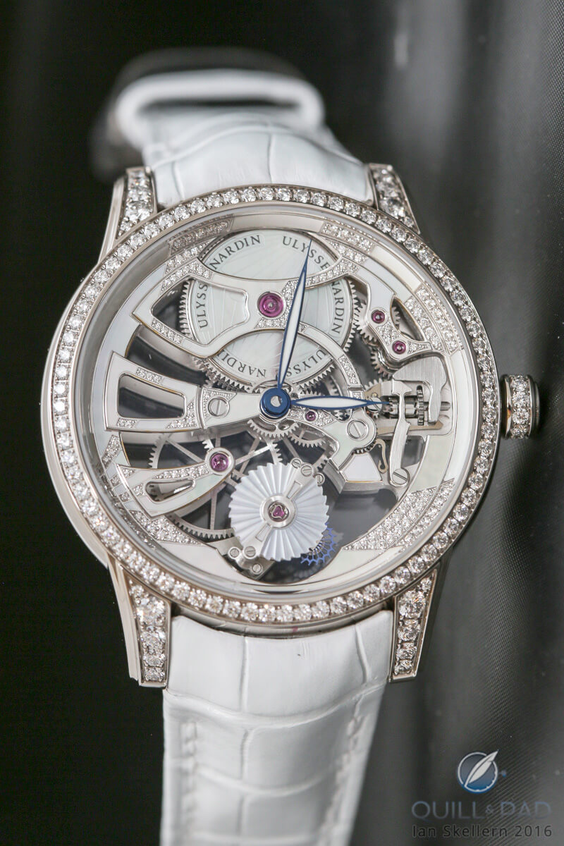 The tourbillon of the Ulysse Nardin Skeleton Tourbillon Pearl is hidden behind a mother-of-pearl tourbillon bridge, rendering it almost invisible from the front