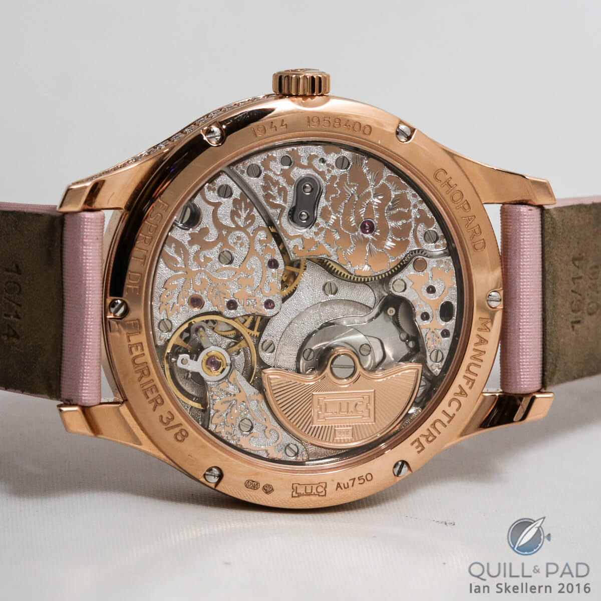 The movemet decoration of the Chopard L.U.C XP 35 mm Esprit de Fleurier Peony looks as good as the dial