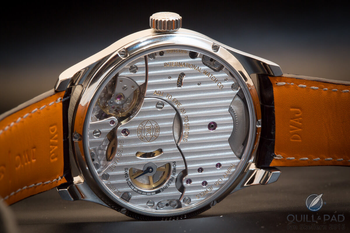 View through the display back to Caliber 59215 powering the IWC Portugieser Hand-Wound Eight Days Edition 75th Anniversary