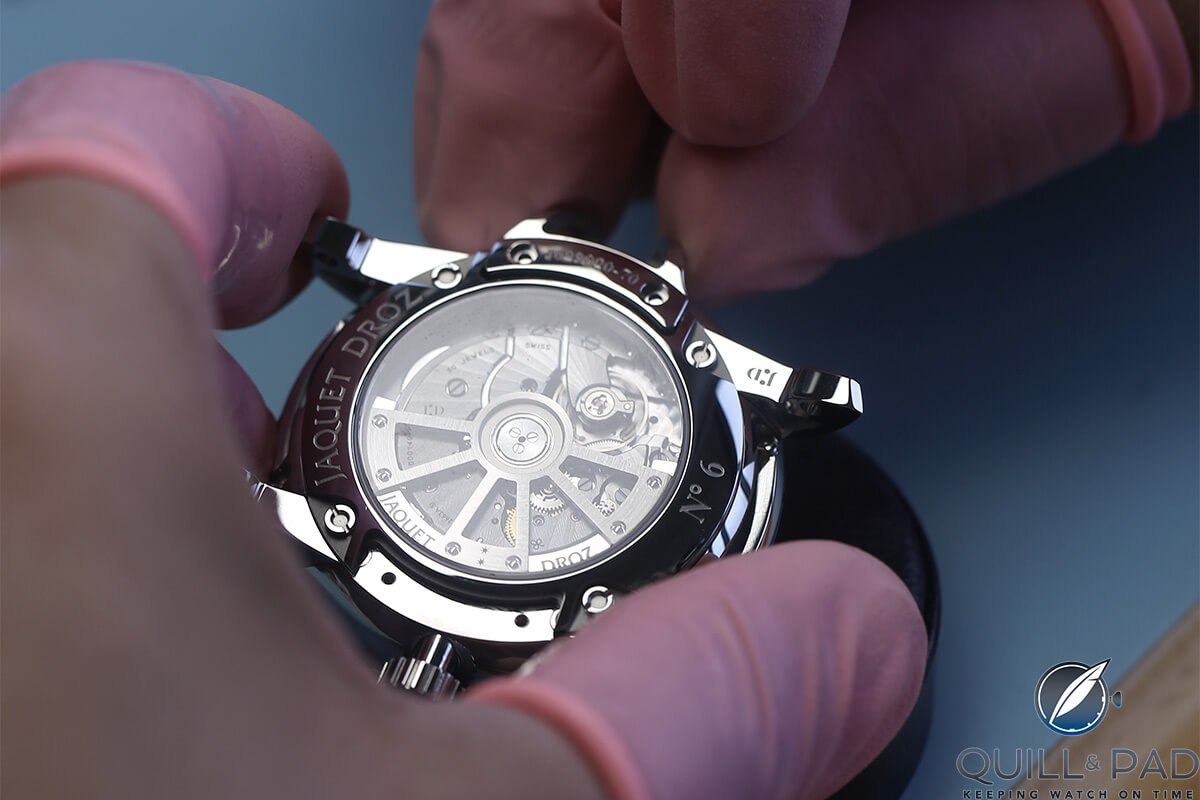 View through the display back of the Jaquet Droz Grande Seconde SW Lady
