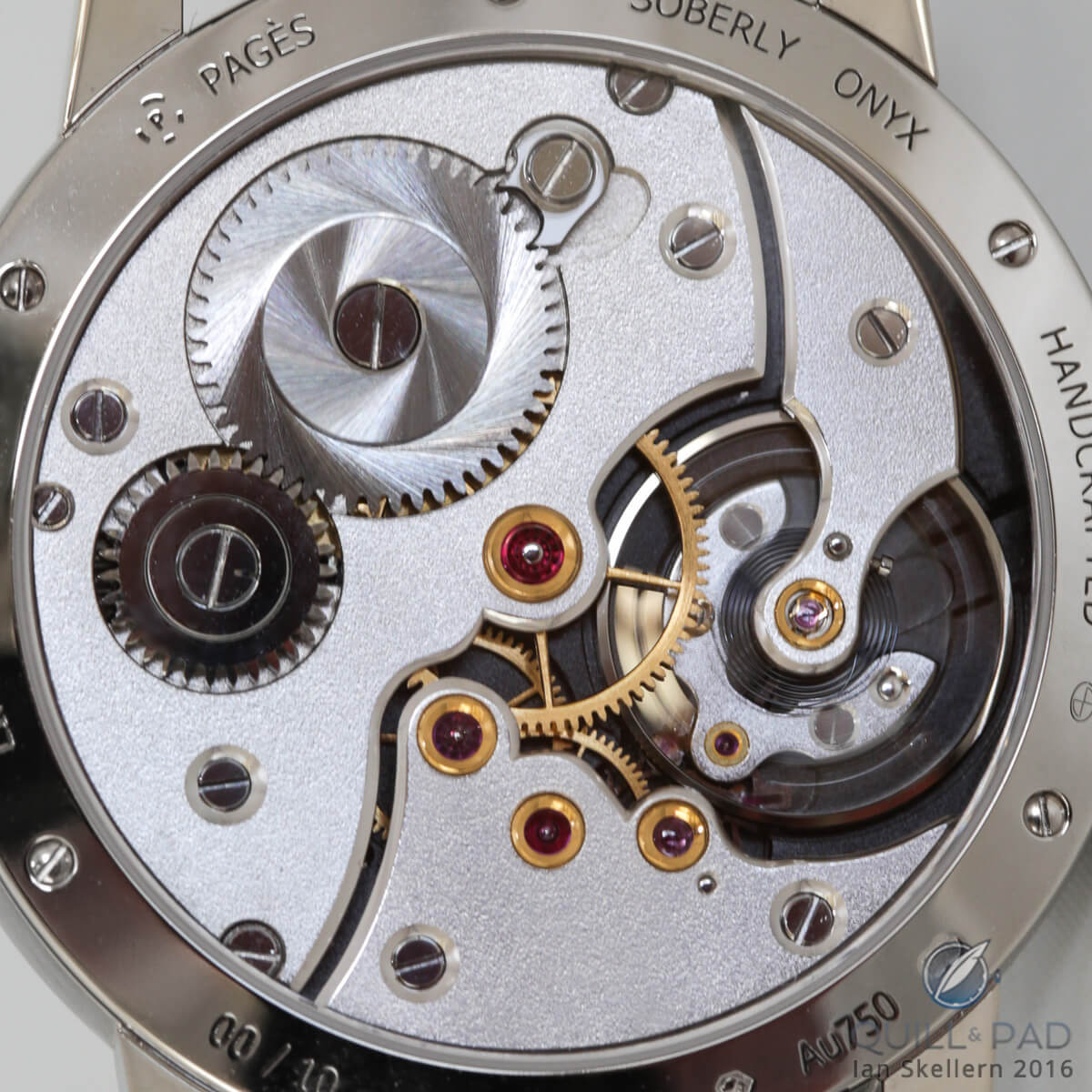 View through the display back to the understated impeccably, hand-finished movement of Raúl Pagès' Soberly Onyx
