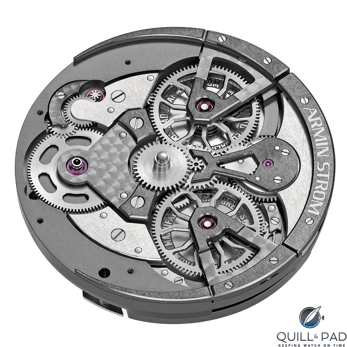 Back side of the movement of the Armin Strom Edge Double Barrel with the twin mainspring barrels taking up much of the space