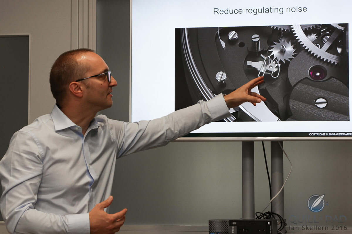Claudio Cavaliere, who was very involved in the project, explaining the spring adding tension to the governor to reduce noise in the Caliber 2937