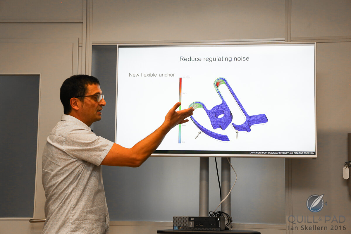 Guilo Papi explaining the theory of the spring mechanism to minimize noise from the governor pinion in the Caliber 2937 of the Supersonnerie