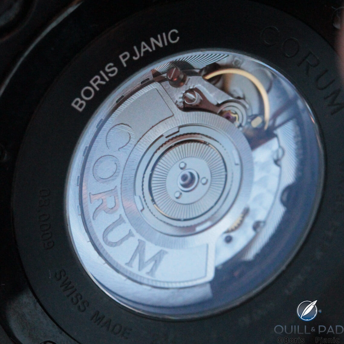 View through the display back of Boris Pjanic's custom Corum Bubble