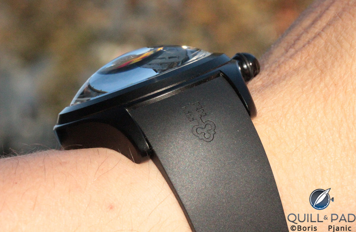 Boris Pjanic's custom Corum Bubble on the wrist side-on