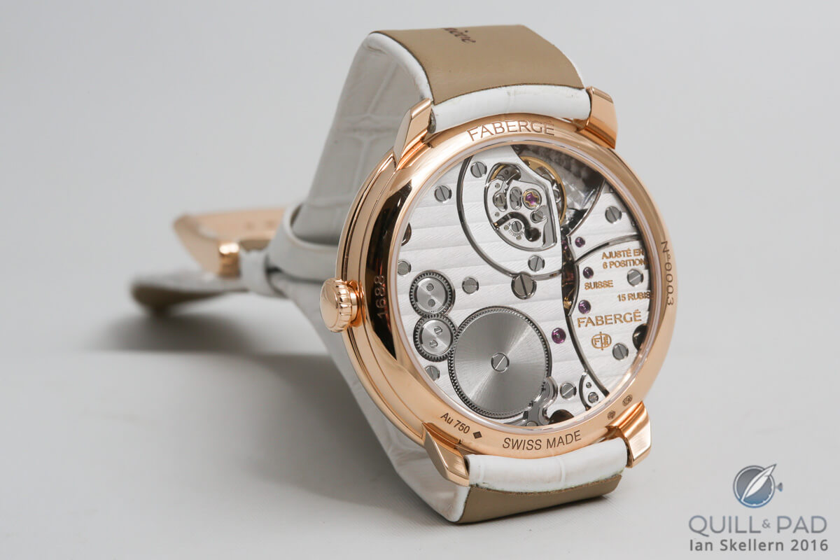 An exclusive and specially developed Caliber AGH 6911 movement powers the Fabergé Lady Levity
