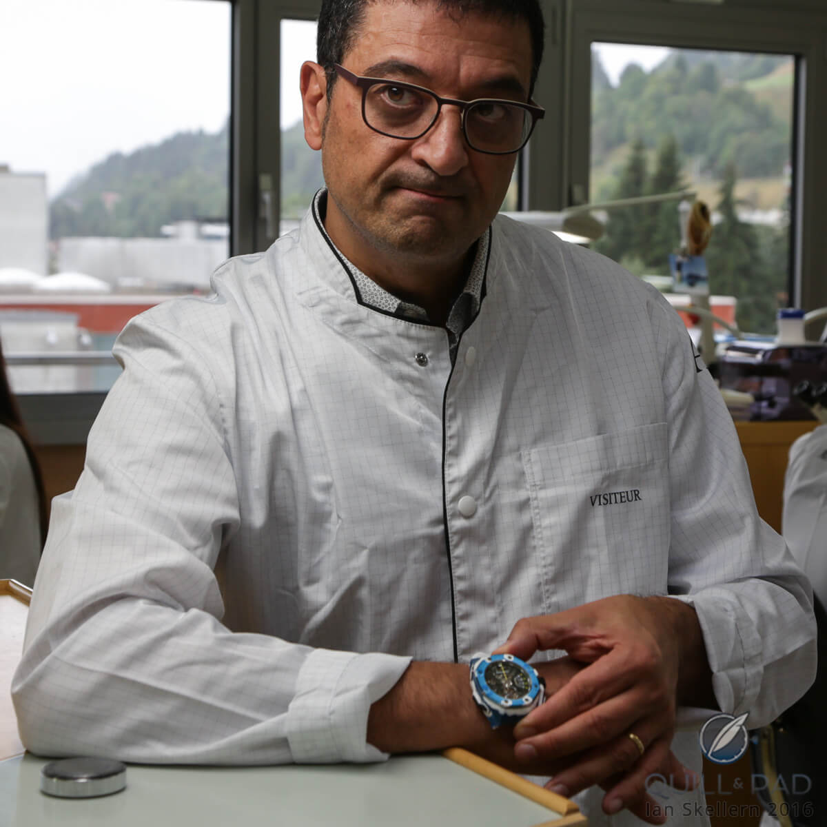 Guilo Papi trying a Supersonnerie on for size (blue is protective tape)