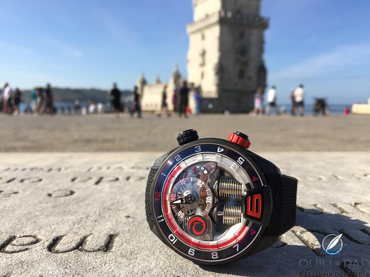HYT H4 Alinghi in front of Lisbon's historic Belém Tower