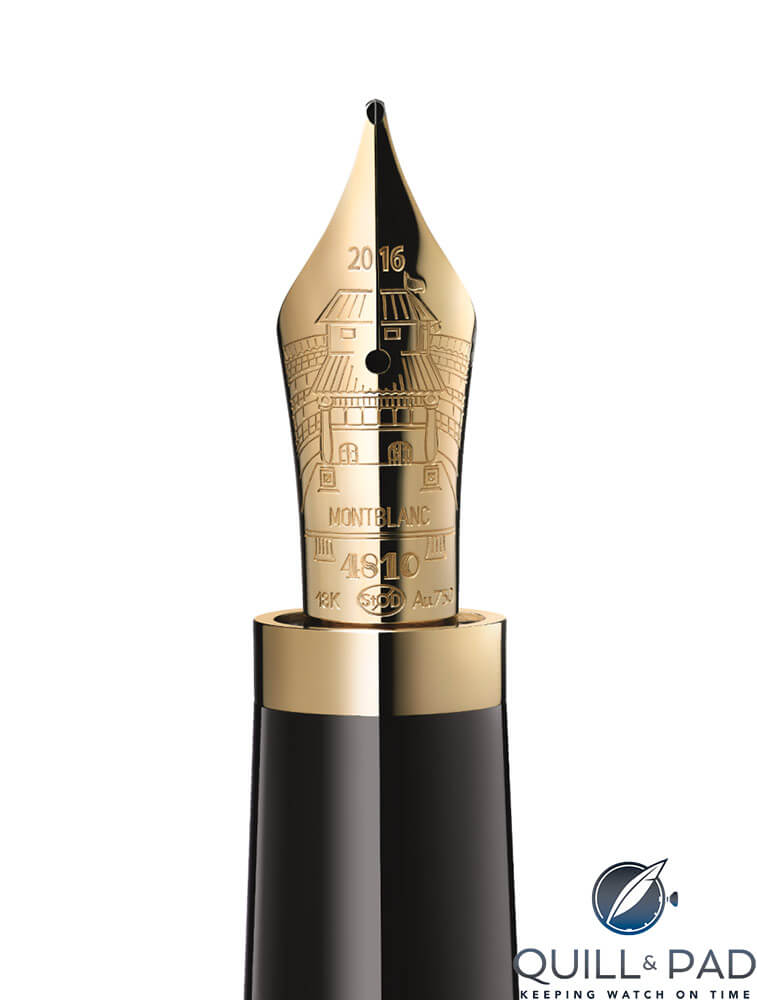 The Globe theater engraved onto the gold nib of the Montblanc Writers Edition William Shakespeare