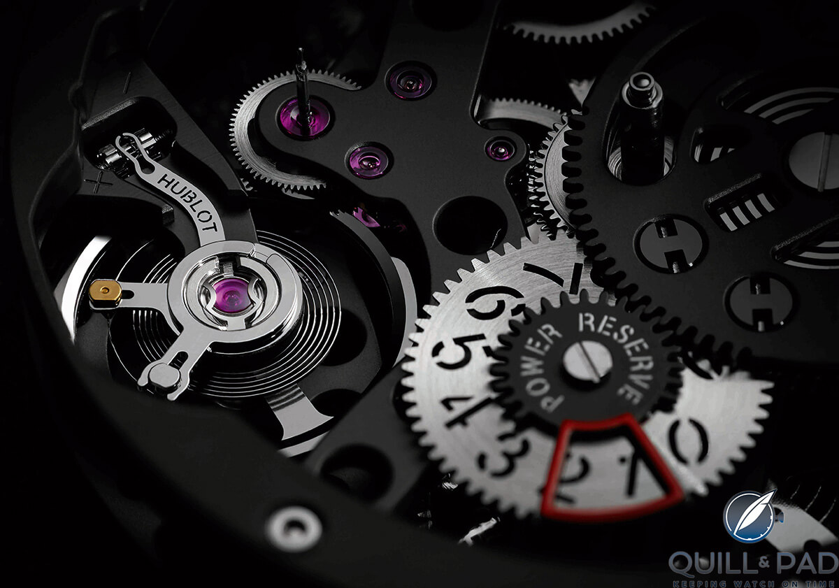 Balance (left) and power reserve indicator of the Hublot Big Bang MECA-10