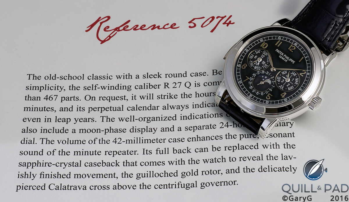 Patek Philippe Reference 5074P with its description in the ‘Minute Repeaters’ Book from Patek Philippe