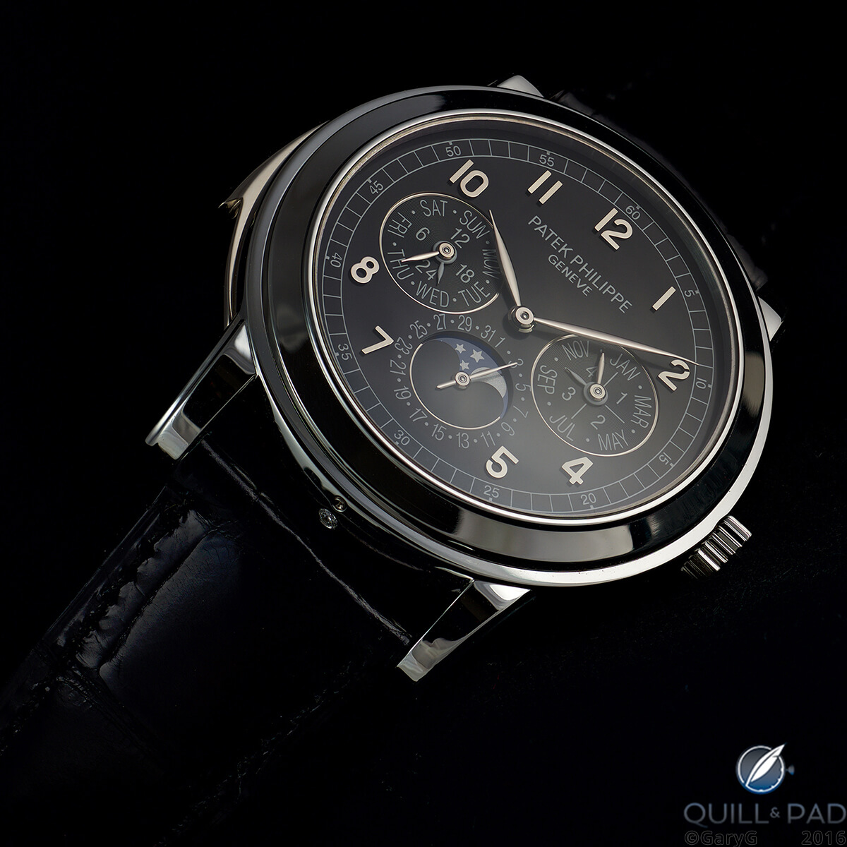 Patek Philippe Reference 5074P, with diamond and moon phase corrector visible between the lugs