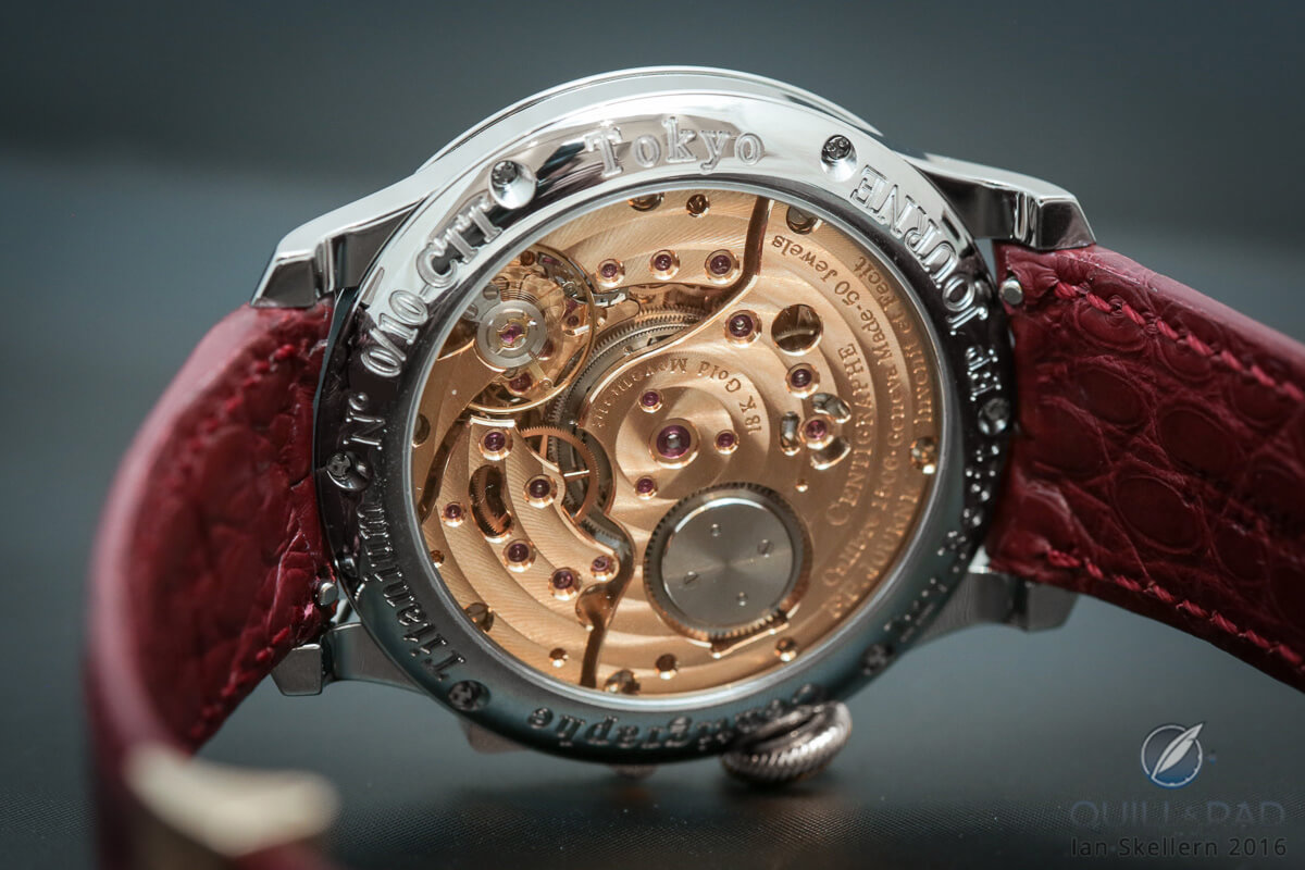 View through the display back of the F.P. Journe Centigraphe Souverain Anniversaire