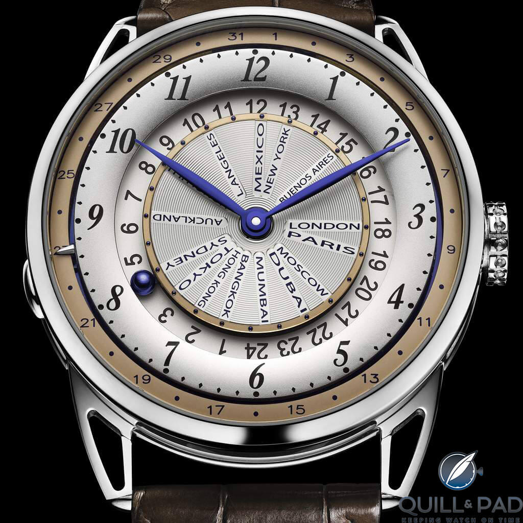 Close up look at the dial of the De Bethune DB25 World Traveller