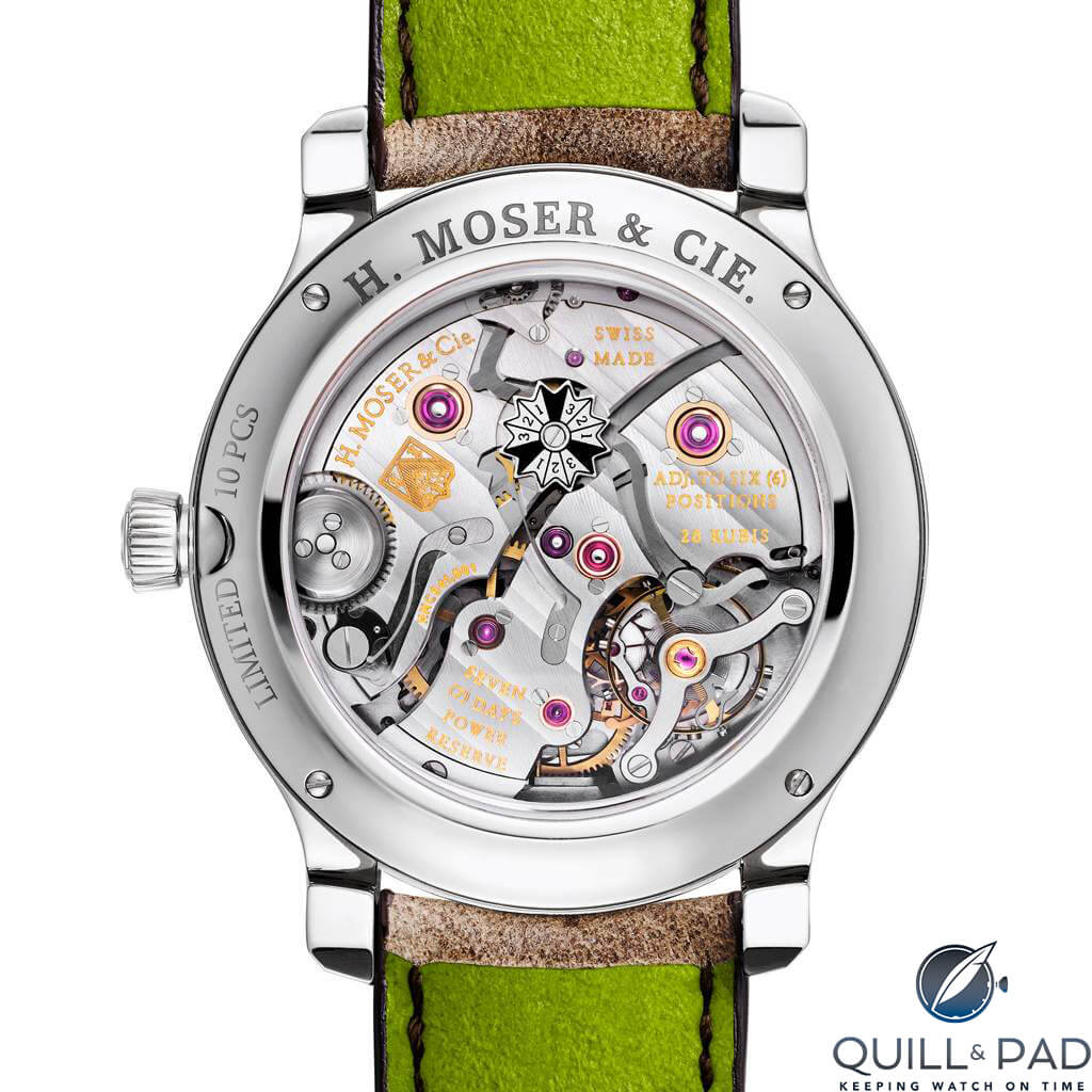 View through the display back to the movement of the H. Moser & Cie. Endeavour Perpetual Calendar Concept Funky Blue