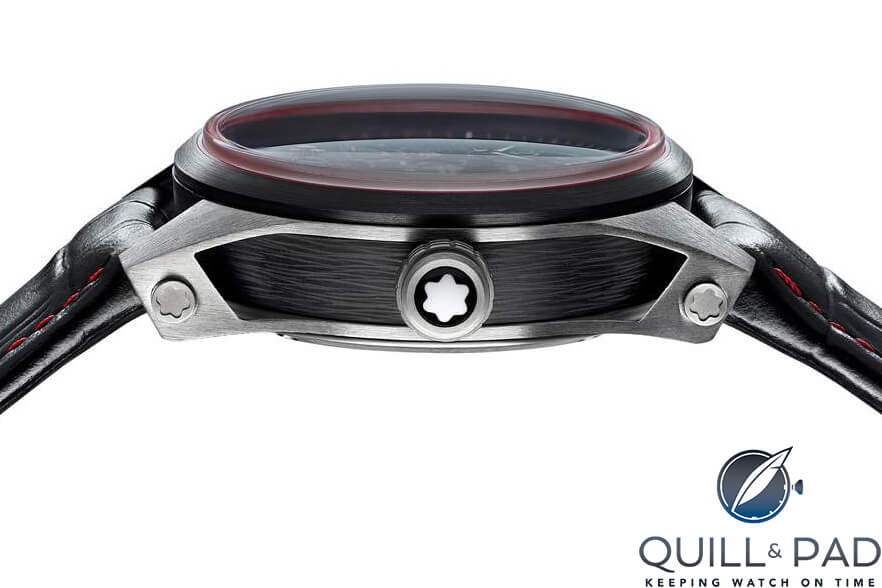 Side on view of the caseband of the Montblanc TimeWalker ExoTourbillon Minute Chronograph Limited Edition