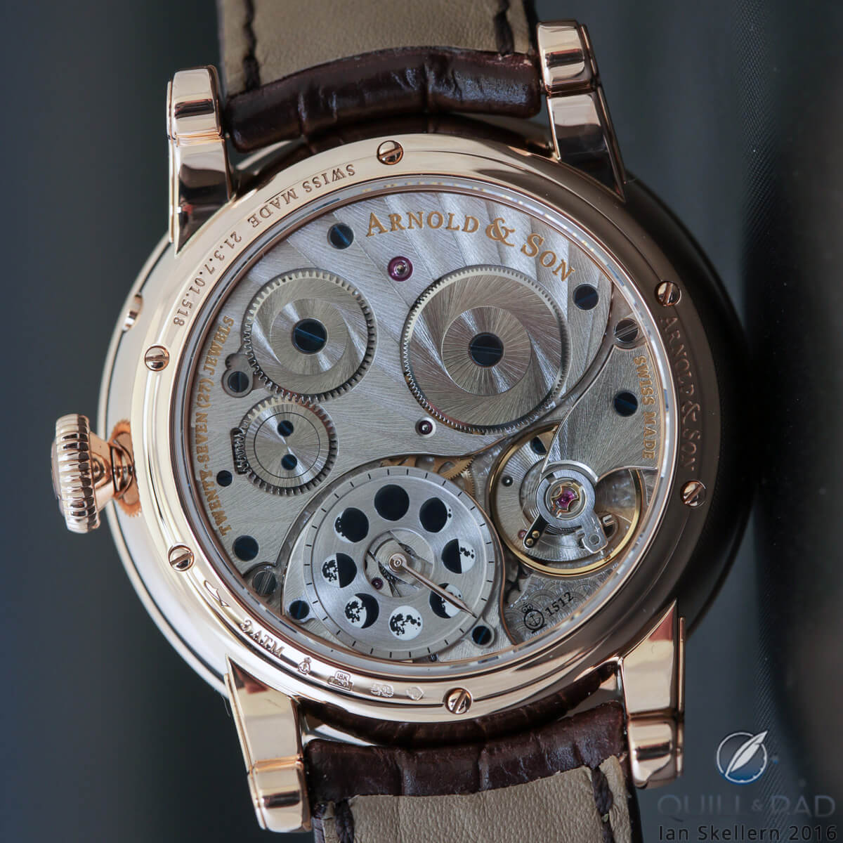 View through the display back of the Arnold & Son HM Double Hemisphere Perpetual Moon