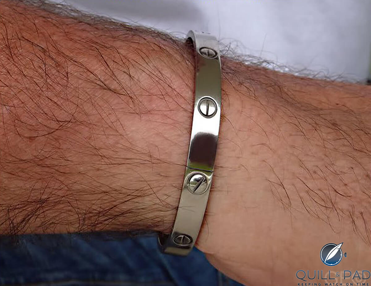 Love bracelet by Aldo Cipullo for Cartier on the wrist
