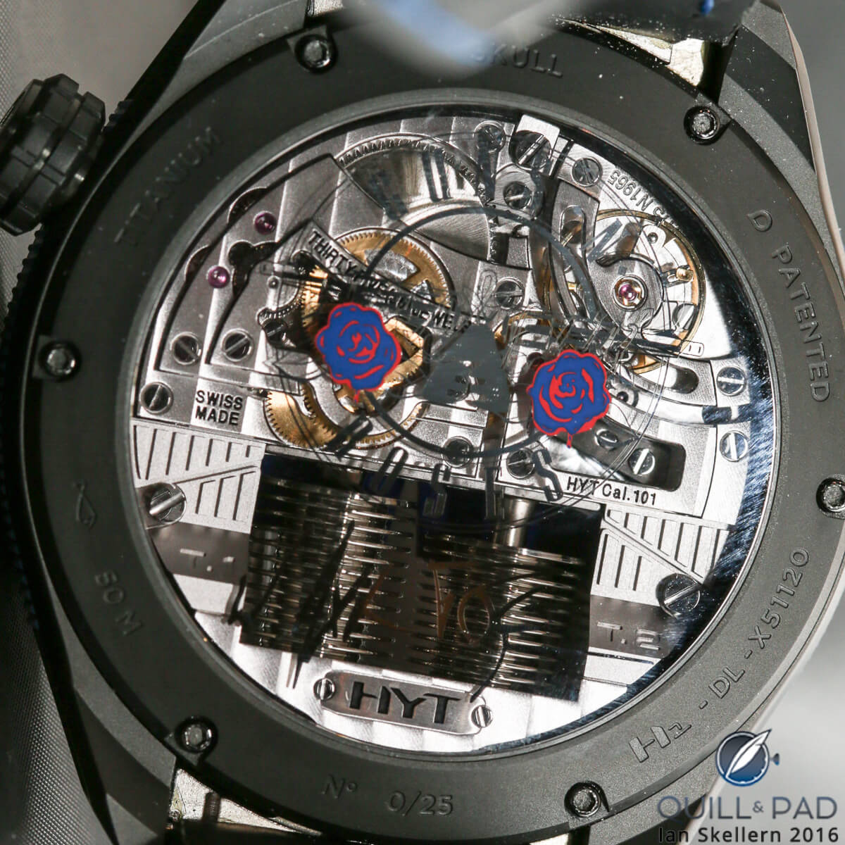 View through the display back of the HYT Skull Axl Rose