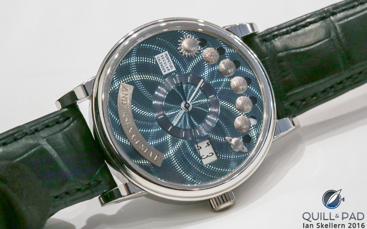 Perpetual Secular Calendar with blue gold dial featuring distinctive circular guilloche