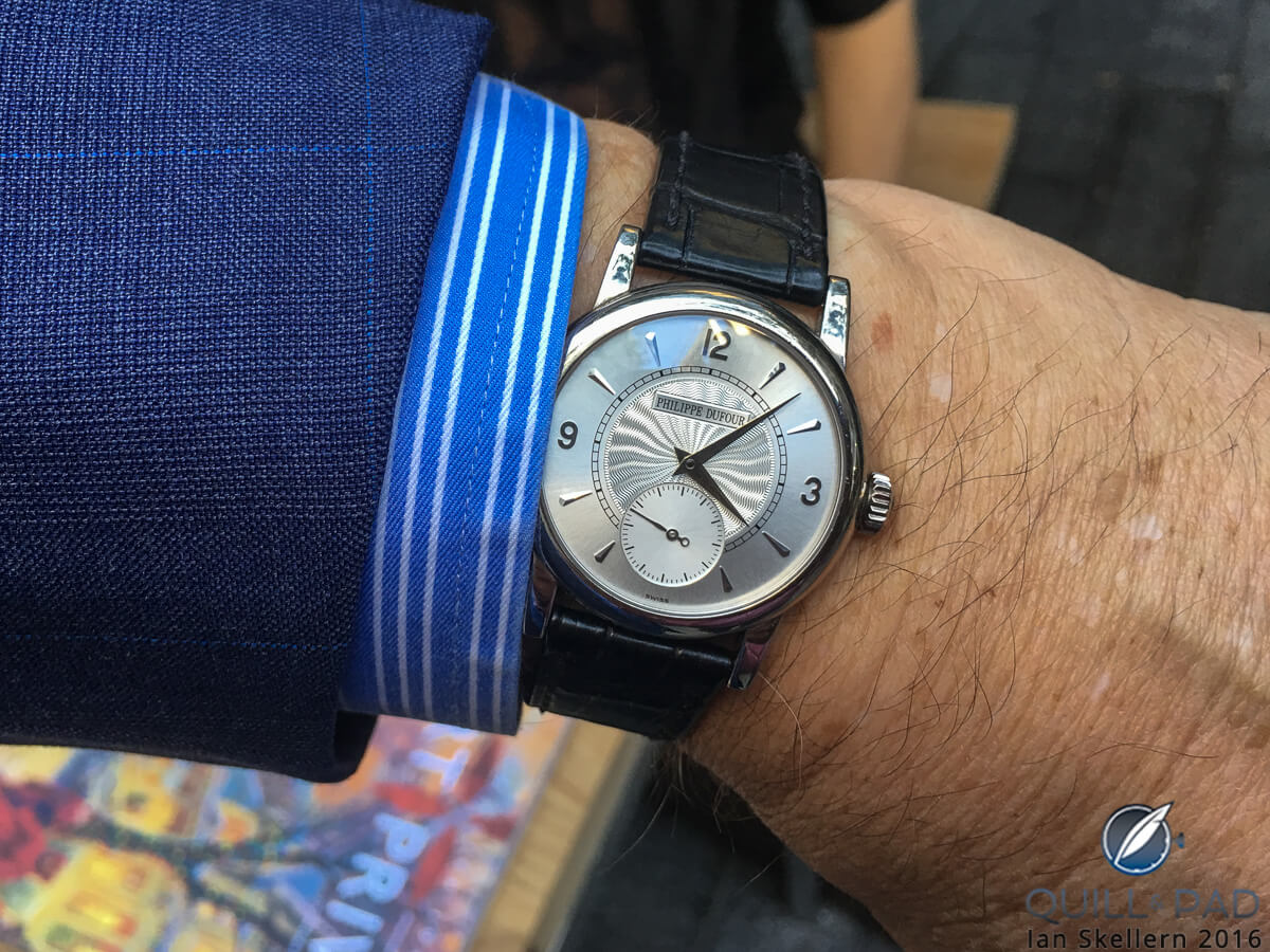 Philippe Dufour is one of the major Swiss luminaries to visit Dubai and spend the week at Dubai Watch Week; this is his wrist sporting his personal Simplicity
