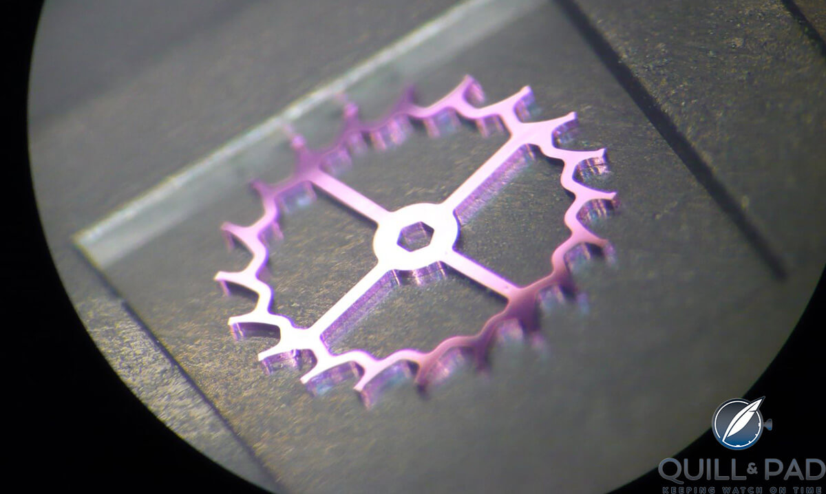 An iridescent escape wheel at Sigatec