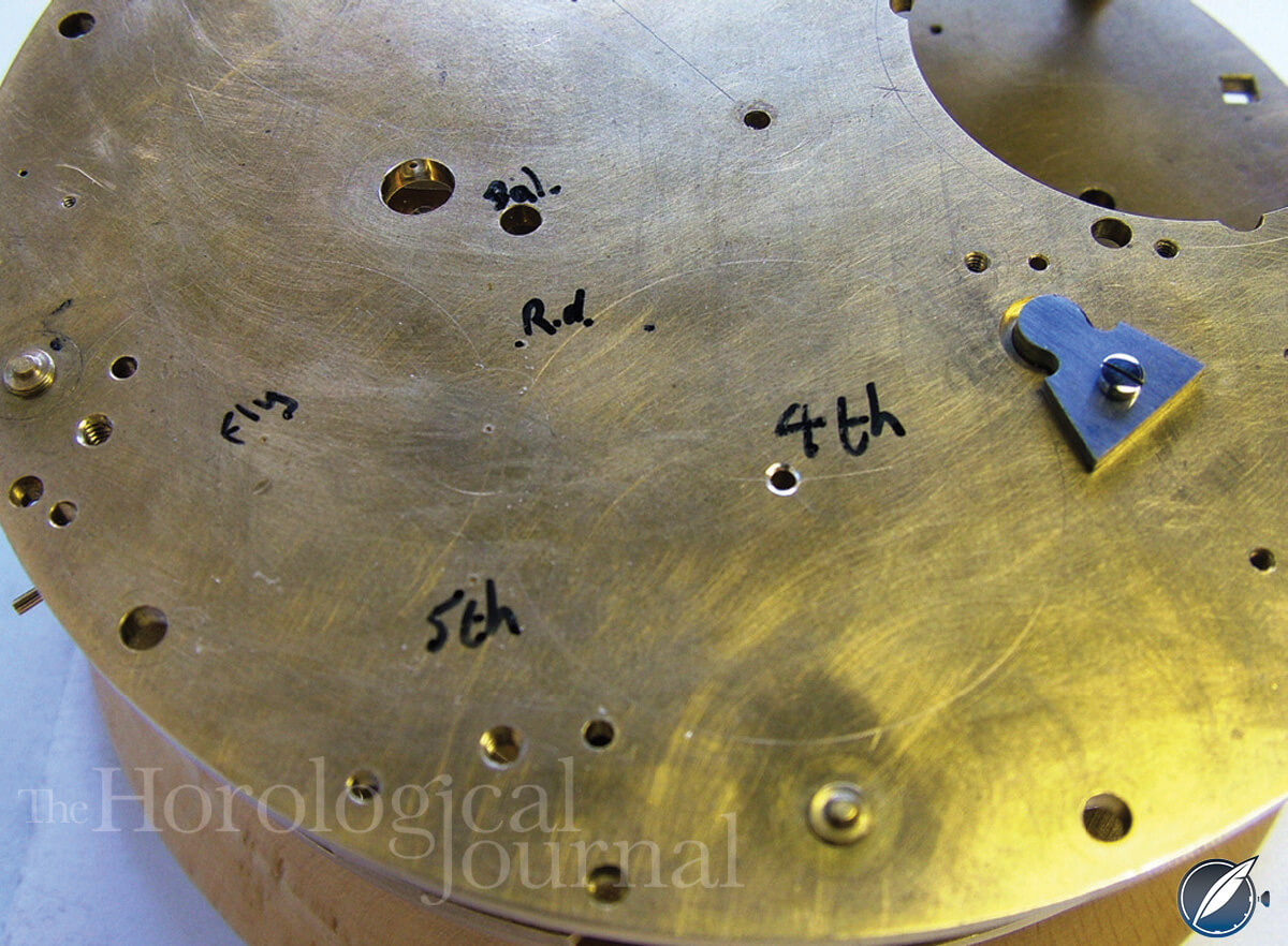 Positions for the fourth wheel, ﬁfth wheel (remontoire locking wheel), ﬂy, remontoire detent and balance center for Derek Pratt's H4 reconstruction (photo courtesy British Horological Journal)
