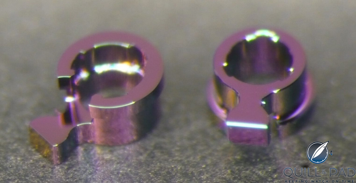 An iridescent multi-level roller and pin made at Sigatec for the Ulysse Nardin InnoVision