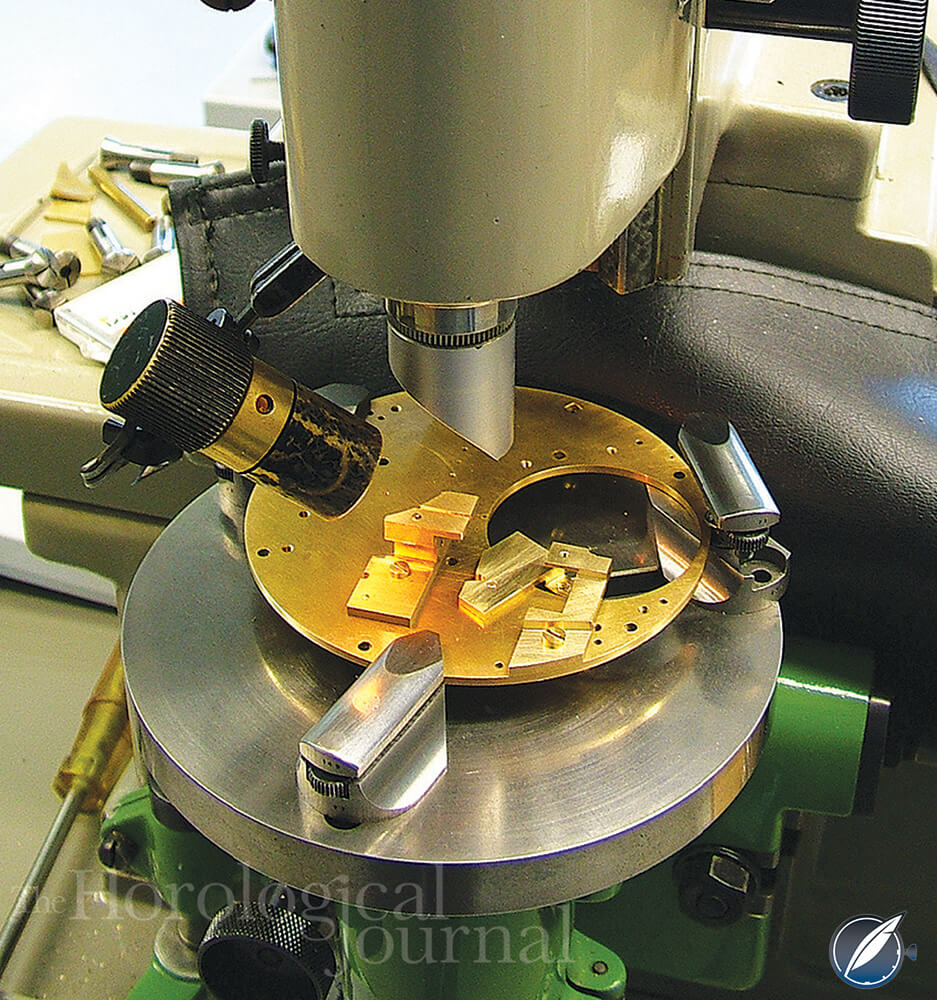 Top plate mounted in Hauser jig borer for Derek Pratt's H4 reconstruction (photo courtesy British Horological Journal)