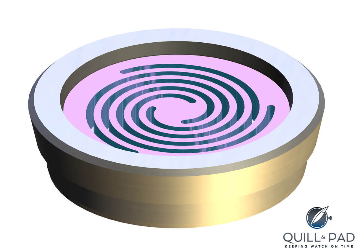 6. The elasticity of silicon allows for a shock absorber bearing integrated into the balance wheel shaft, which pivots in the middle of a silicon disk. The elasticity of the disk allows the necessary deformation when shocks arise, after which it returns to its original shape immediately.